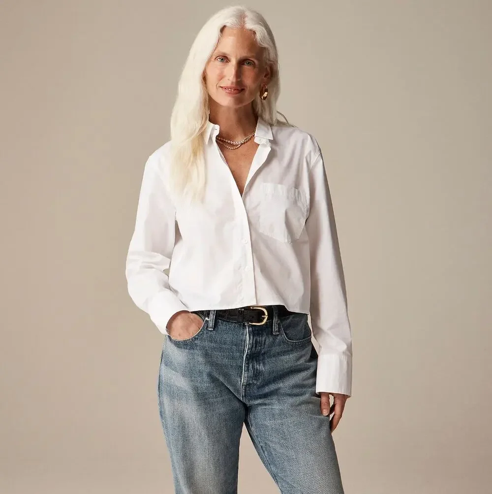 J.Crew Cropped Button Up Shirt Cotton White Minimalist Classic Womens US 8 NWT
